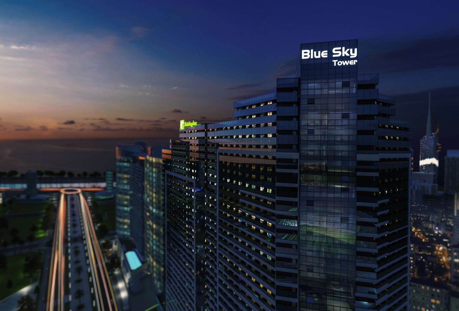 Ночной 3D-рендер высотного комплекса Blue Sky Tower с подсветкой фасада и видом на городскую магистраль.