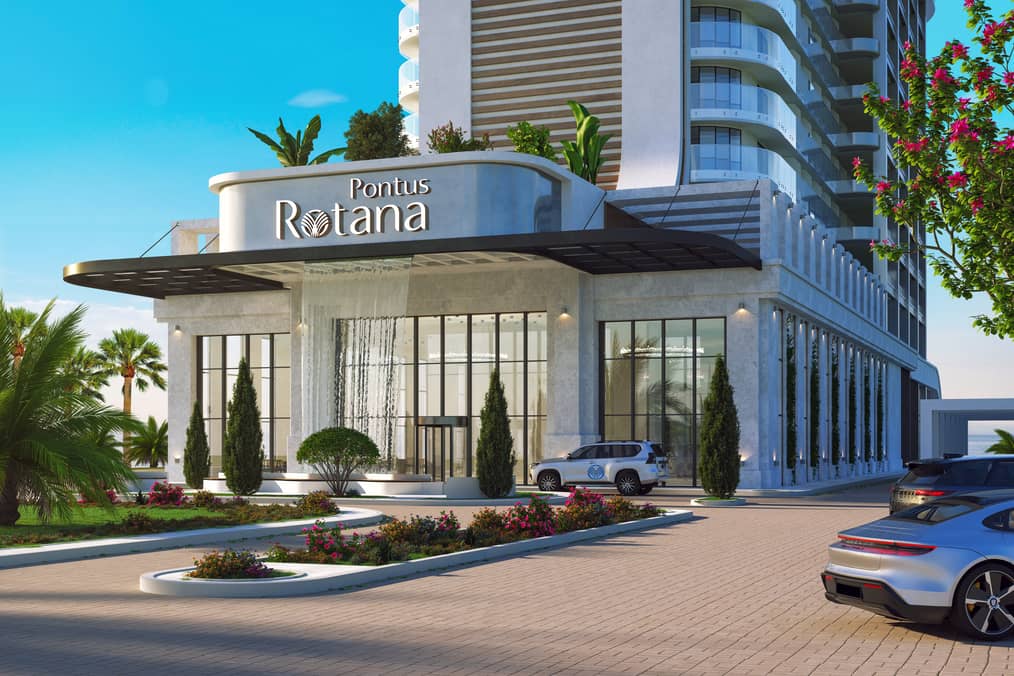 3D-визуализация входной группы комплекса Pontus Rotana с современным фасадом, декоративным водопадом и припаркованными автомобилями.