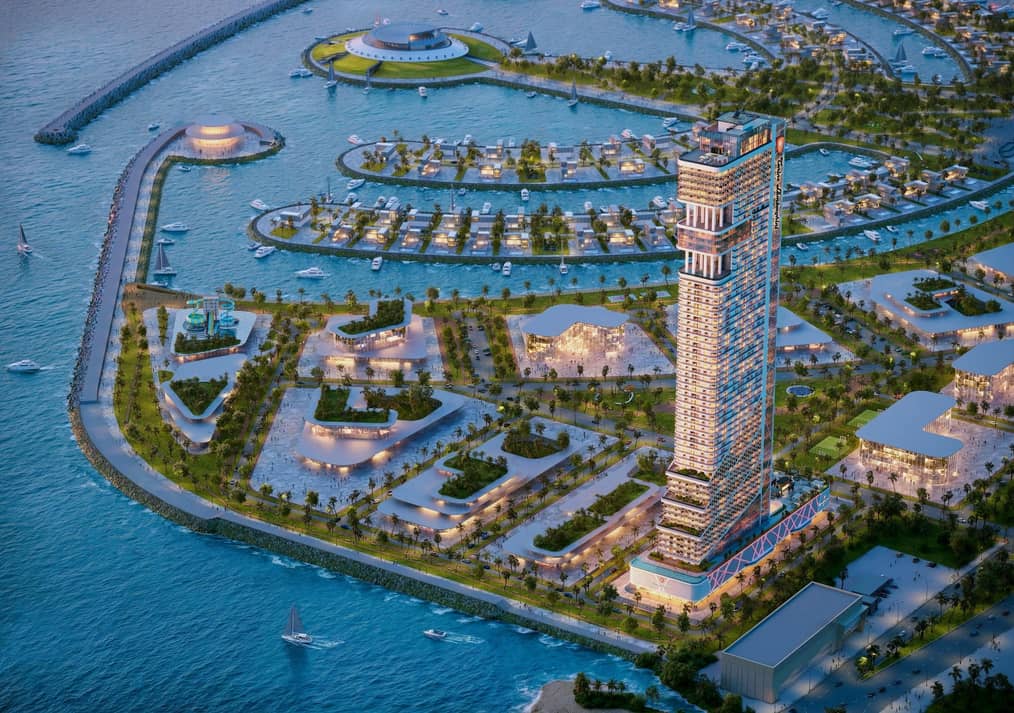 3D-рендер масштабного жилого комплекса на искусственном острове с высотной башней, мариной для яхт, виллами на воде и развитой инфраструктурой.